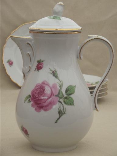 photo of Tirschenreuth Bavaria pink roses china tea or coffee pot, cream & sugar, plates #3