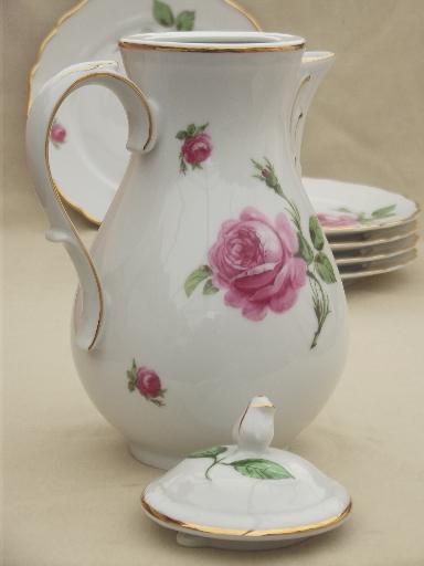 photo of Tirschenreuth Bavaria pink roses china tea or coffee pot, cream & sugar, plates #5