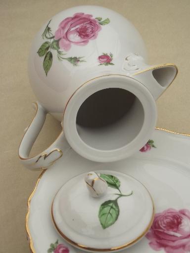 photo of Tirschenreuth Bavaria pink roses china tea or coffee pot, cream & sugar, plates #6