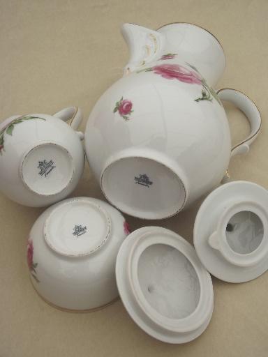 photo of Tirschenreuth Bavaria pink roses china tea or coffee pot, cream & sugar, plates #7