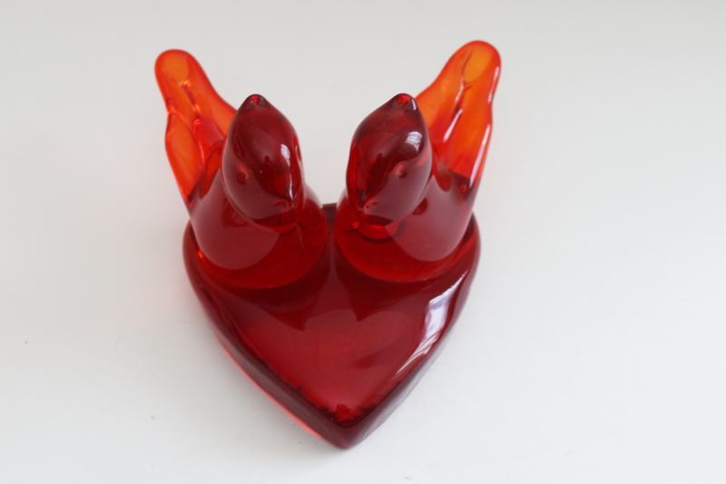 photo of Titan art glass hand blown bird figurine, red glass cardinal of love pair on heart #1