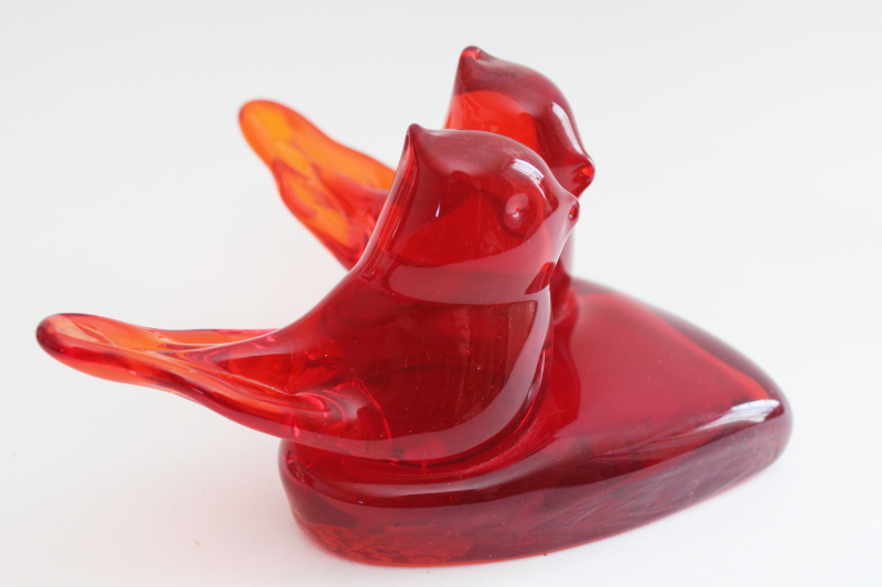 photo of Titan art glass hand blown bird figurine, red glass cardinal of love pair on heart #2