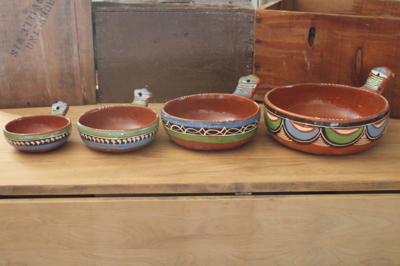 photo of Tlaquepaque hand painted pots, vintage Mexican pottery nesting pans or bowls w/ handles  #1