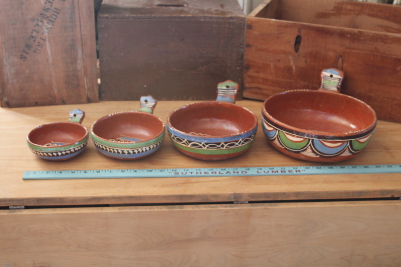 photo of Tlaquepaque hand painted pots, vintage Mexican pottery nesting pans or bowls w/ handles  #4