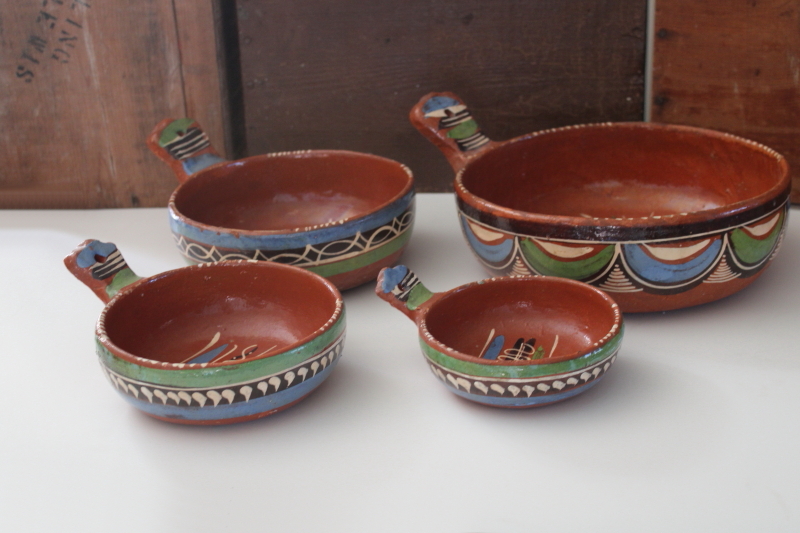 photo of Tlaquepaque hand painted pots, vintage Mexican pottery nesting pans or bowls w/ handles  #7