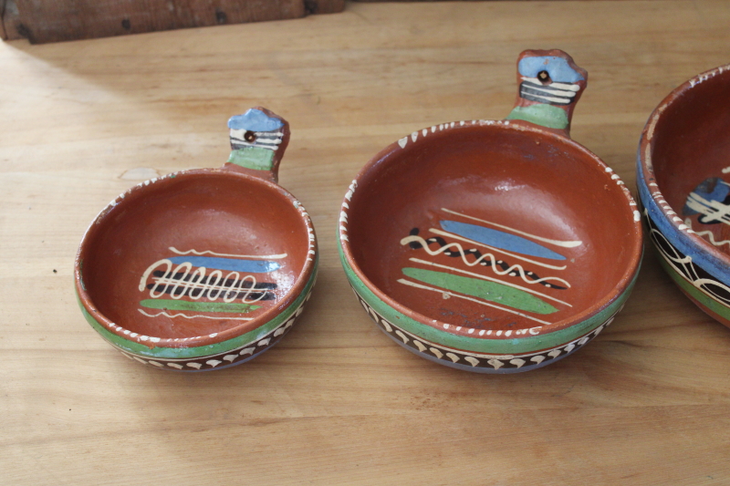 photo of Tlaquepaque hand painted pots, vintage Mexican pottery nesting pans or bowls w/ handles  #8