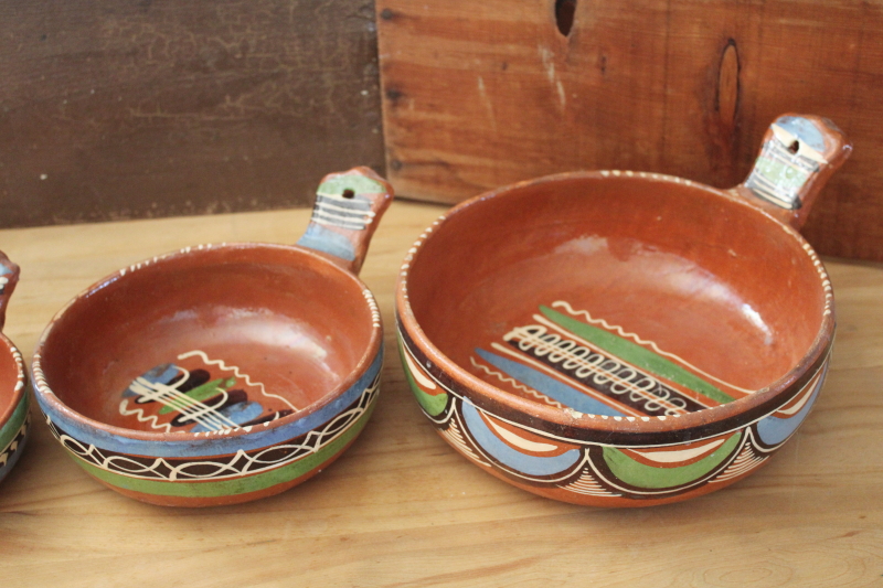 photo of Tlaquepaque hand painted pots, vintage Mexican pottery nesting pans or bowls w/ handles  #9