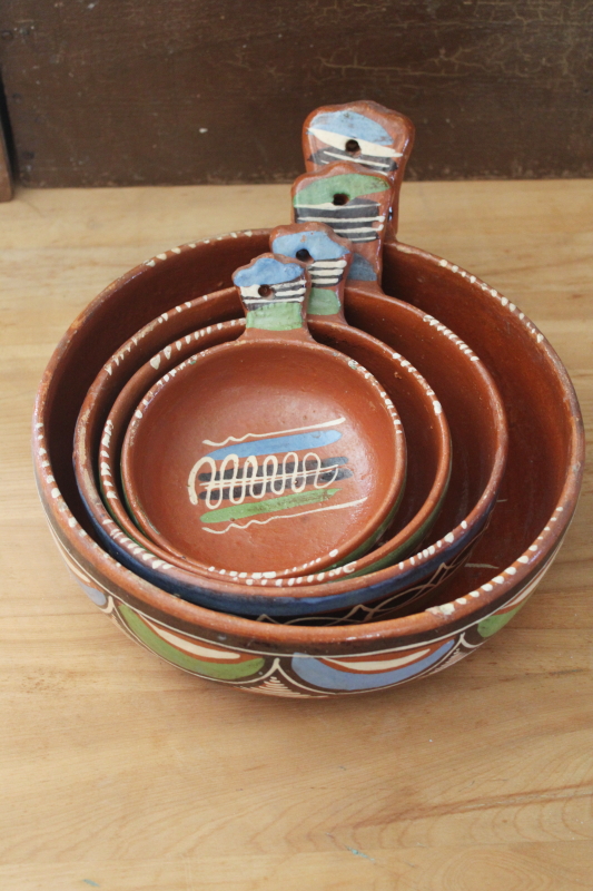 photo of Tlaquepaque hand painted pots, vintage Mexican pottery nesting pans or bowls w/ handles  #12