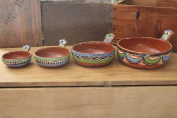 catalog photo of Tlaquepaque hand painted pots, vintage Mexican pottery nesting pans or bowls w/ handles 