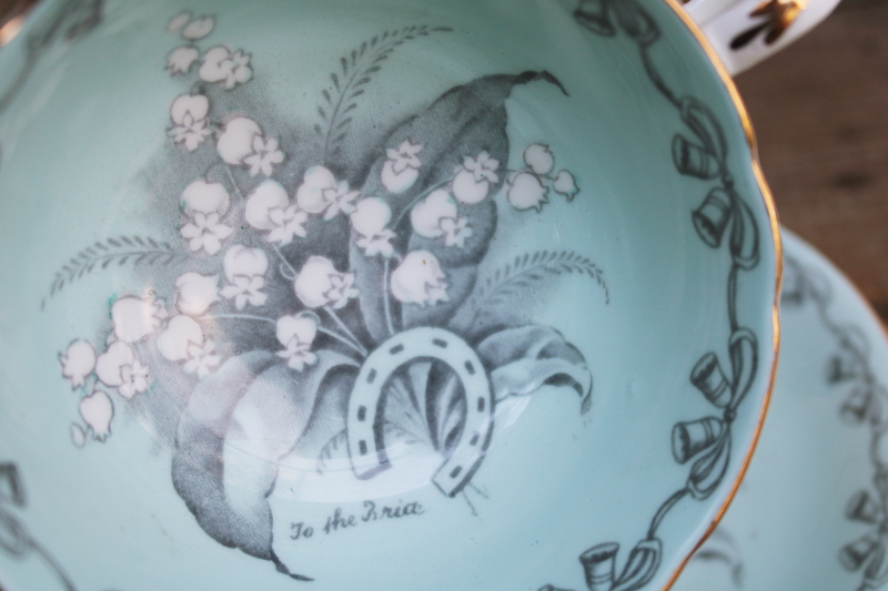 photo of To The Bride good luck china tea cup & saucer, lily of the valley on tiffany green vintage wedding gift #2