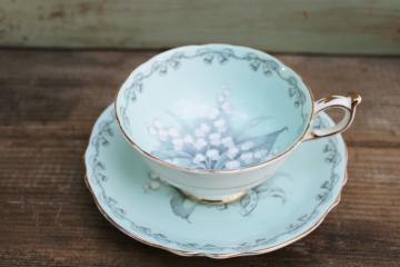 To The Bride good luck china tea cup & saucer, lily of the valley on tiffany green vintage wedding gift 