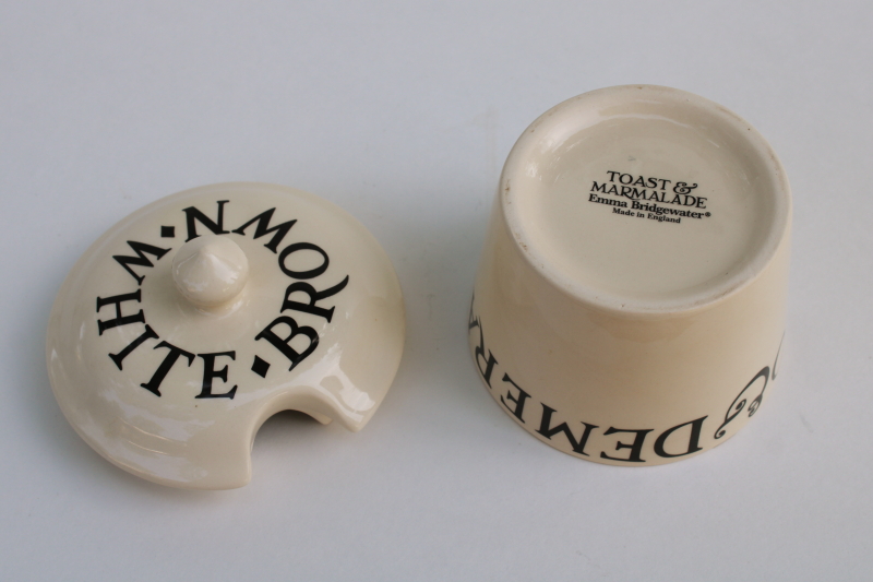 photo of Toast & Marmalade pattern Emma Bridgewater ceramic sugar bowl w/ lid, black lettering on cream  #3
