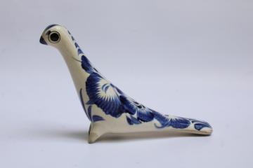 Tonala dove blue & white hand painted Mexican pottery bird figurine, vintage folk art 