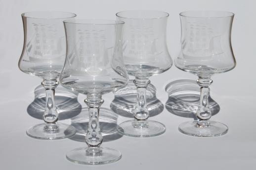 photo of Toscany crystal clipper ship etched glass wine glasses, set of 4 goblets #1