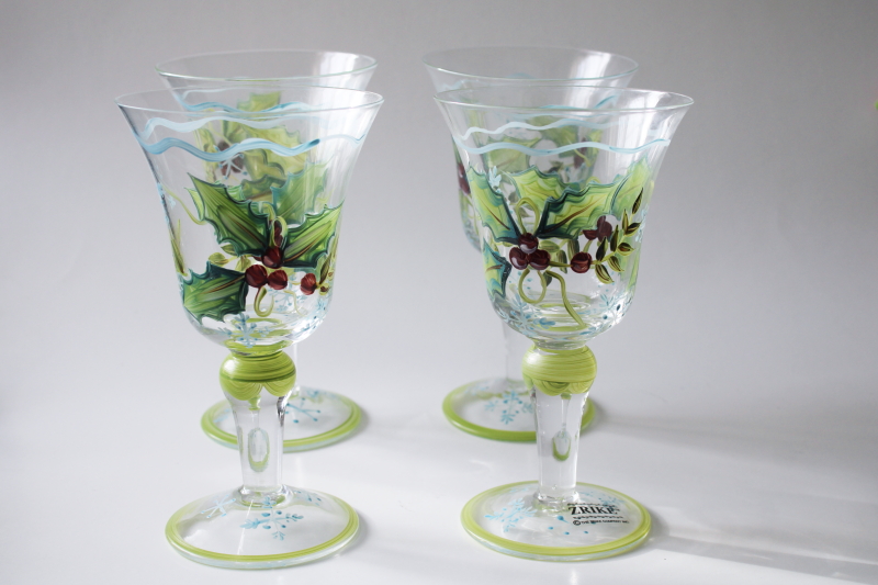 photo of Tracy Porter Sweet Tidings Christmas holly hand painted holiday water goblets or wine glasses  #1
