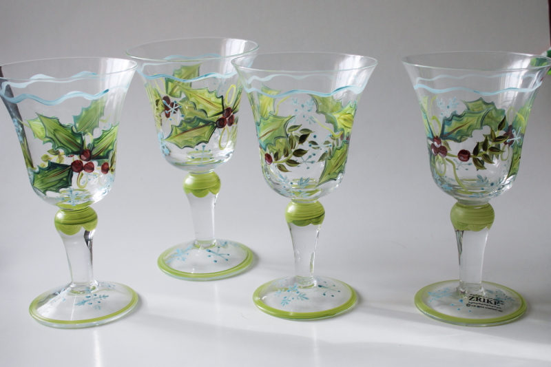 photo of Tracy Porter Sweet Tidings Christmas holly hand painted holiday water goblets or wine glasses #2