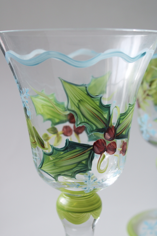 photo of Tracy Porter Sweet Tidings Christmas holly hand painted holiday water goblets or wine glasses #3