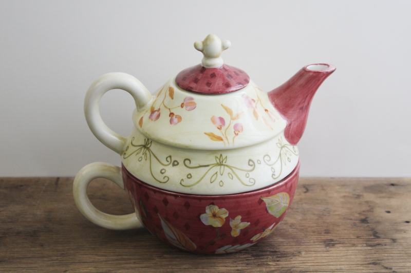 photo of Tracy Porter Sylvie hand painted ceramic teapot w/ mug, Saks Fifth Avenue tea for one set #1