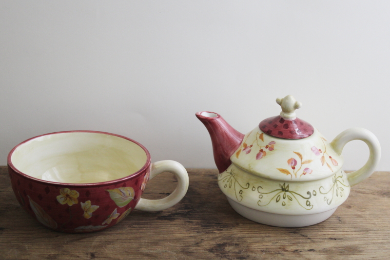 photo of Tracy Porter Sylvie hand painted ceramic teapot w/ mug, Saks Fifth Avenue tea for one set #2