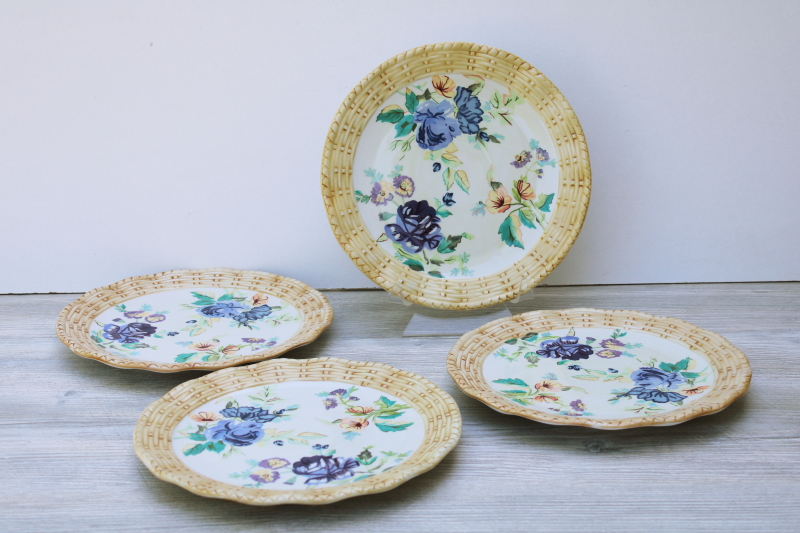 photo of Tracy Porter set of four dinner plates, Cottage Rose hand painted floral w/ wicker border #1