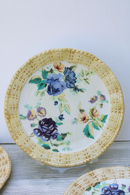 photo of Tracy Porter set of four dinner plates, Cottage Rose hand painted floral w/ wicker border #2