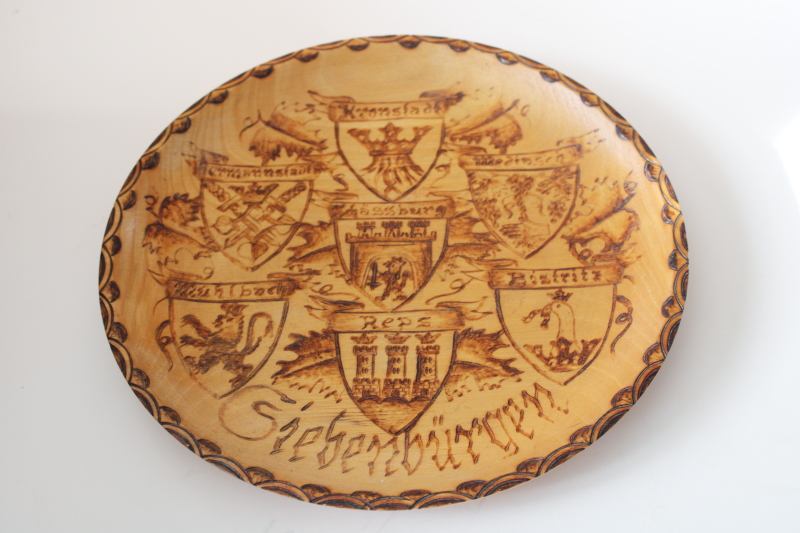 photo of Transylvania souvenir of Romania vintage folk art carved wood plate Siebenburgen seven cities  #1