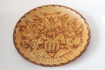 catalog photo of Transylvania souvenir of Romania vintage folk art carved wood plate Siebenburgen seven cities 
