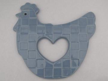 catalog photo of Treasure Craft kitchen trivet, Auntie Em blue chicken, hen w/ heart