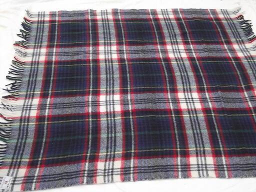 photo of Troy label vintage wool travel robe, fringed plaid throw camp blanket #2