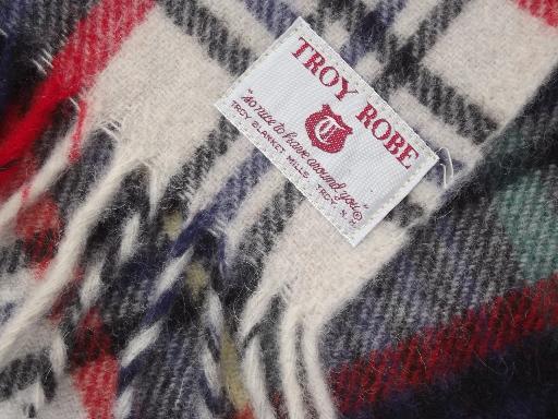 photo of Troy label vintage wool travel robe, fringed plaid throw camp blanket #4