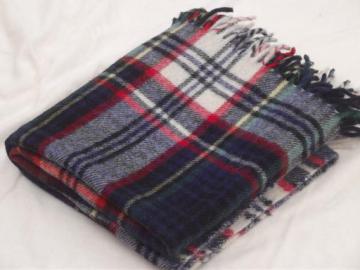 catalog photo of Troy label vintage wool travel robe, fringed plaid throw camp blanket