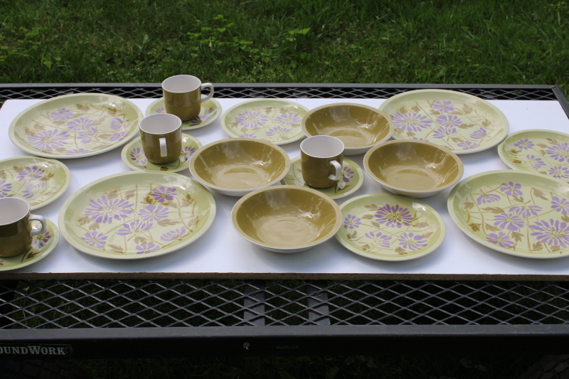 photo of Twiggy mod flowers pattern purple & olive green vintage Mikasa dinnerware set for 4  #1