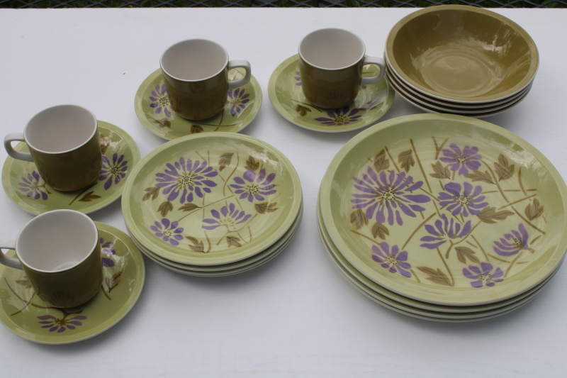 photo of Twiggy mod flowers pattern purple & olive green vintage Mikasa dinnerware set for 4  #4