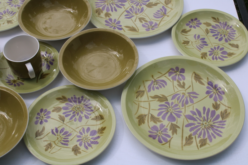 photo of Twiggy mod flowers pattern purple & olive green vintage Mikasa dinnerware set for 4  #5