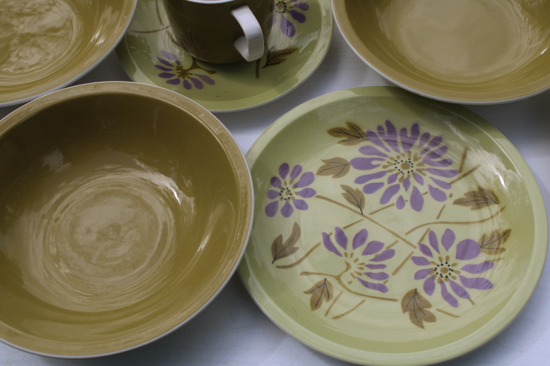 photo of Twiggy mod flowers pattern purple & olive green vintage Mikasa dinnerware set for 4  #6