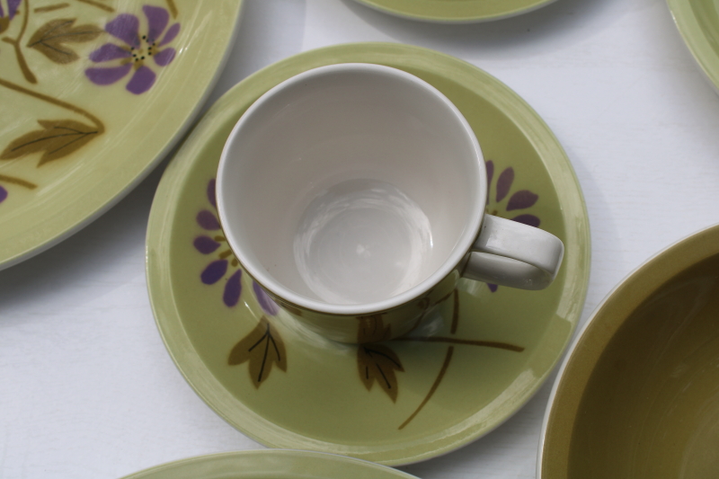 photo of Twiggy mod flowers pattern purple & olive green vintage Mikasa dinnerware set for 4  #7