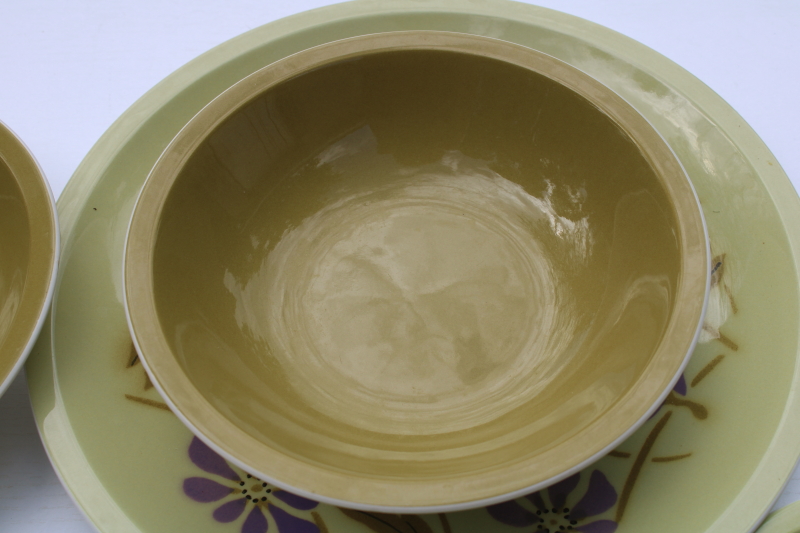 photo of Twiggy mod flowers pattern purple & olive green vintage Mikasa dinnerware set for 4  #11