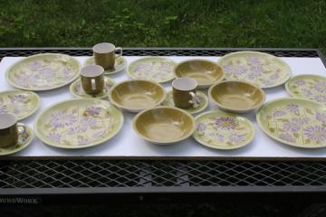 catalog photo of Twiggy mod flowers pattern purple & olive green vintage Mikasa dinnerware set for 4 