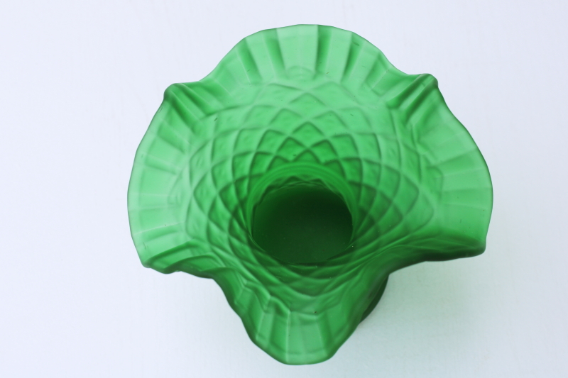 photo of Two's Company emerald green satin glass vase, Victorian style flower basket w/ crimped edge  #2