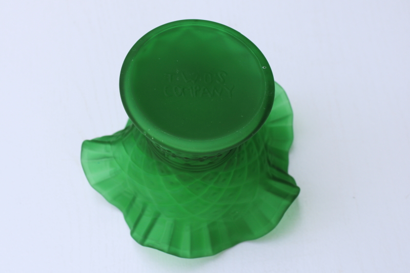 photo of Two's Company emerald green satin glass vase, Victorian style flower basket w/ crimped edge  #4