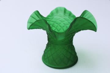 catalog photo of Two's Company emerald green satin glass vase, Victorian style flower basket w/ crimped edge 