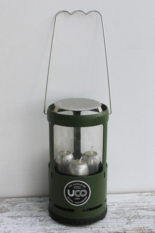 photo of UCO Candlelier candle lantern camping or emergency light green metal lamp w/ hanger handle #1