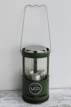 catalog photo of UCO Candlelier candle lantern camping or emergency light green metal lamp w/ hanger handle 