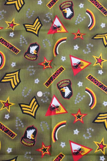 photo of US Army print cotton twill fabric w/ badges from Army Air Corp Airborne division etc. #1