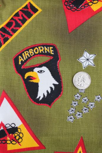 photo of US Army print cotton twill fabric w/ badges from Army Air Corp Airborne division etc. #2