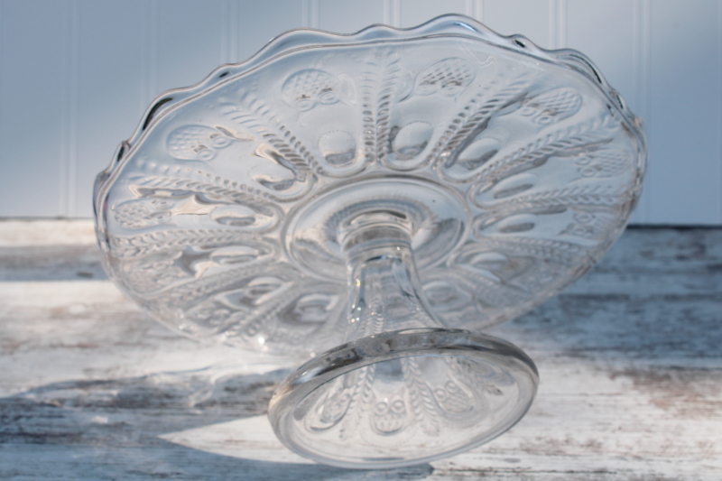 photo of US Glass Wyoming pattern EAPG vintage pressed glass cake stand, ring of small owls #3