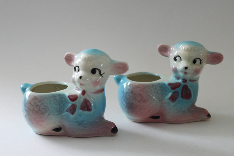 photo of USA pottery baby planters, twins pink & blue lambs mid century mod vintage Easter spring decor #1