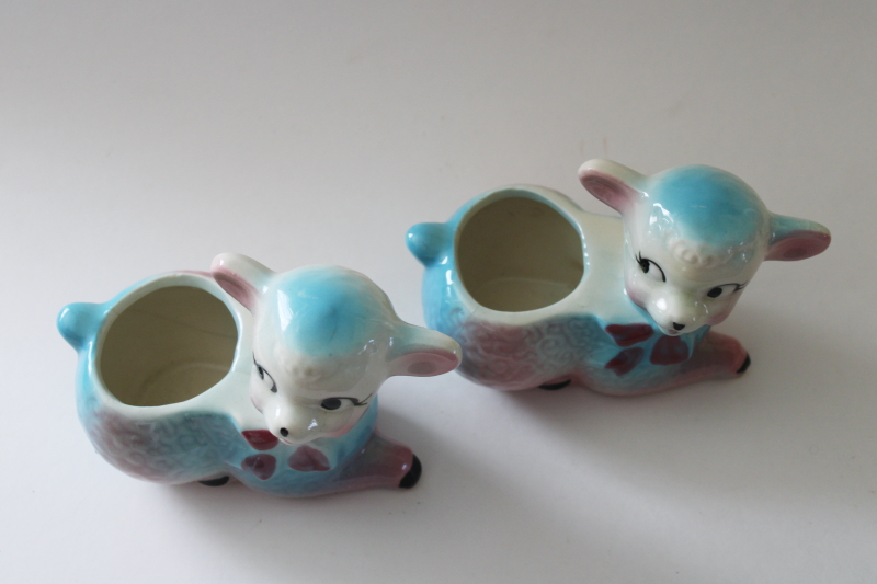 photo of USA pottery baby planters, twins pink & blue lambs mid century mod vintage Easter spring decor  #2