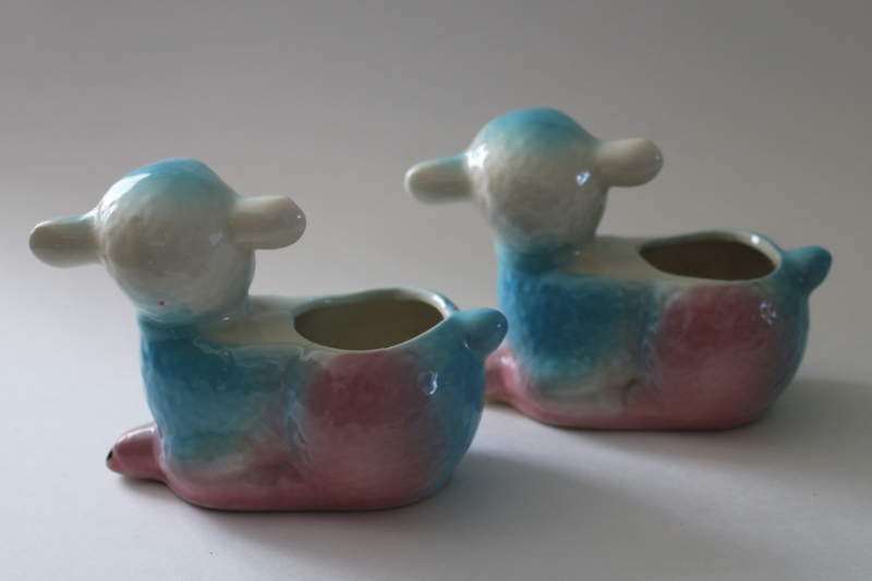 photo of USA pottery baby planters, twins pink & blue lambs mid century mod vintage Easter spring decor  #3