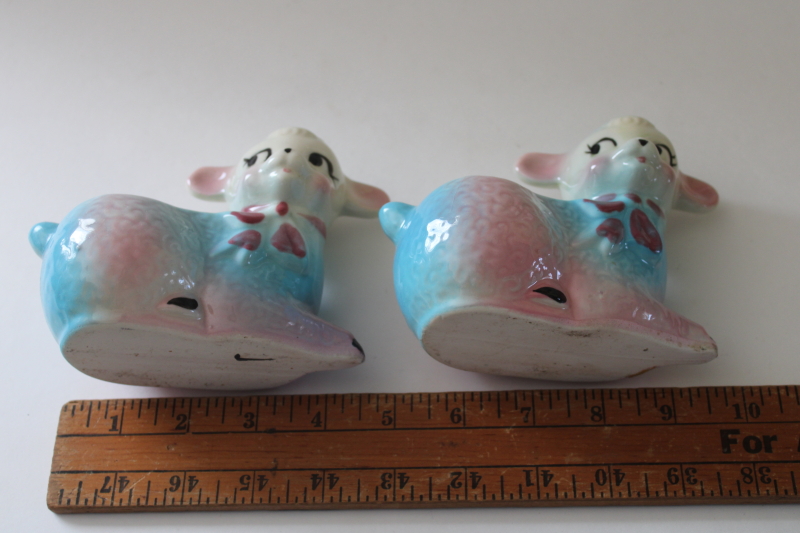 photo of USA pottery baby planters, twins pink & blue lambs mid century mod vintage Easter spring decor  #4